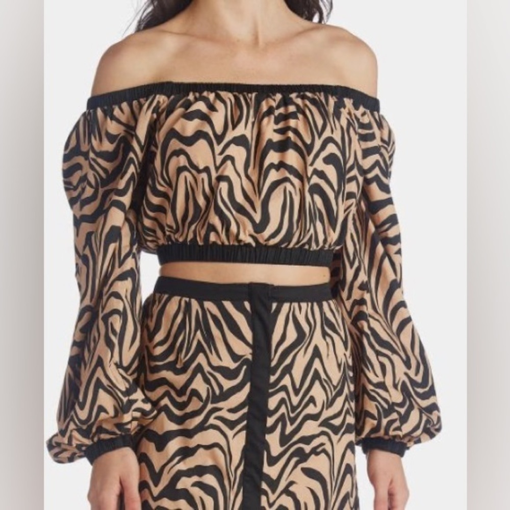 Lost + Wander Zebra Print Off-Shoulder Top Long Sleeve Crop Shirt